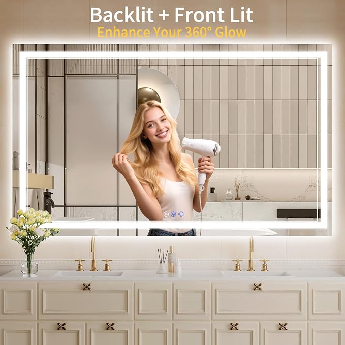 40"x60" LED Bathroom Mirror with Lights, Anti-Fog, Backlit + Front Lit, Dimmable, Led Vanity Mirror for Wall, Lighted Bathroom Mirror, 5 Colors, Shatter-Proof Tempered Glass