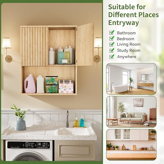 Fluted Bathroom Wall Cabinet Over the Toilet Storage,Wall Mounted Cabinet with Adjustable Shelf,Floating Cabinet Organizer Hanging Cabinet,Kitchen and Laundry Room Cabinets (Oak, 1 PC)