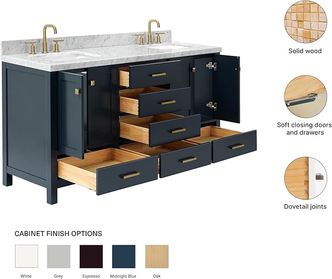 ARIEL Cambridge 66-inch Bathroom Vanity with Sink,Solid Wood, 1.5-inch Italian Carrara Marble Countertop, Double Rectangular Porcelain Sink, 4 Soft Closing Doors, 6 Dovetail Drawers, Midnight Blue