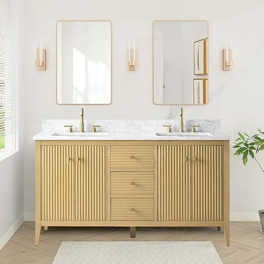 HOMEBEYOND 60" Bathroom Vanity with Double Sink, Solid Wood Bathroom Vanity Free-Standing Cabinet, Ceramic Top & Soft Closing Door, Golden Brushed Handware, Natural Oak