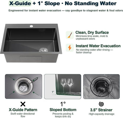 24x18x9 Inch Drop in Kitchen Sink | 304 Black Stainless Steel Single Bowl,Right Offset Drain, R10 Tight Corner, Topmount Kitchen Sink with Strainer & Bottom Grid