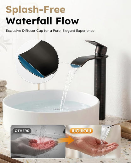 Vessel Sink Faucet Oil Rubbed Bronze：WOWOW Single Handle Tall Bathroom Faucet - Waterfall Single Hole Mixer Bar Tap with Large Rectangular Spout, Deck Mount Lavatory Vanity with Pop Up Drain
