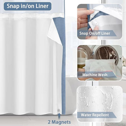 No Hook Shower Curtain and Liner Set,Sky Blue Hotel Waffle Shower Curtain with Liner 75" L x 72" W