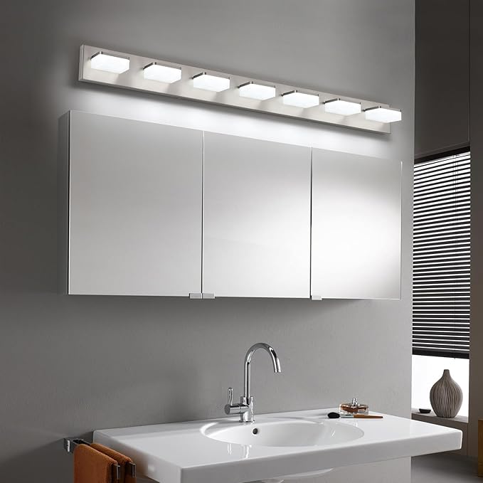 7-Light Bathroom Vanity Light Fixture Over Mirror, Nickel LED Vanity Lighting Fixtures, 45.67 inch Modern Bathroom Wall Light Fixtures with Rotating Lamp Head