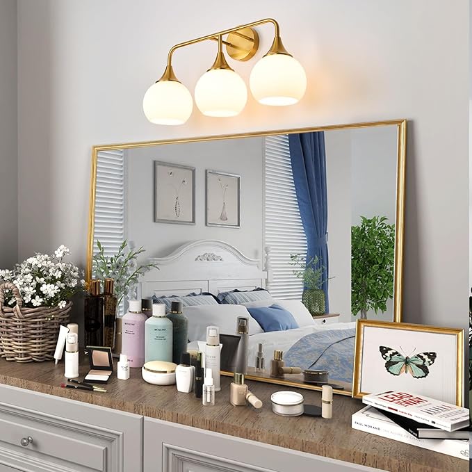 Modern Gold Bathroom Vanity Lights 3-Light Bathroom Light Fixtures Over Mirror with Milk White Glass Shade Modern Wall Sconce Lighting Bath Vanity Lights (Exclude E26 Bulb)