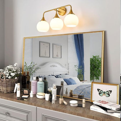 Modern Gold Bathroom Vanity Lights 3-Light Bathroom Light Fixtures Over Mirror with Milk White Glass Shade Modern Wall Sconce Lighting Bath Vanity Lights (Exclude E26 Bulb)