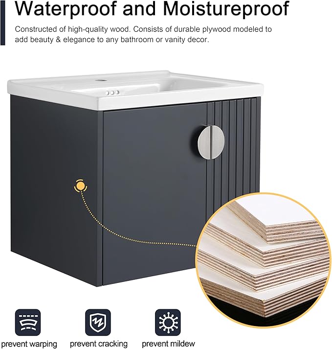 Malwee 24" Floating Bathroom Vanity with Sink, 24 Inch Single Sink Wall Mounted Bathroom Vanity, with 2 Doors and White Ceramic Basin Top, Black Cabinet Set with 3 Color Handles (081-24)