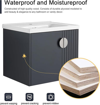Malwee 24" Floating Bathroom Vanity with Sink, 24 Inch Single Sink Wall Mounted Bathroom Vanity, with 2 Doors and White Ceramic Basin Top, Black Cabinet Set with 3 Color Handles (081-24)