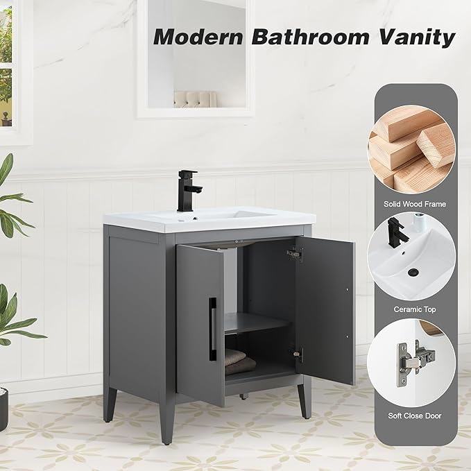 HomeBeyond 30 Inch Bathroom Vanity with Sink & Ceramic Top, Single Vanity Cabinet with Basin, Soft-Closing Doors & Matte Black Hardware, Grey