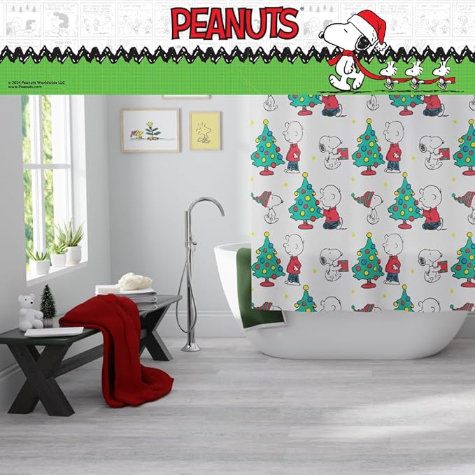 Peanuts Holiday Christmas 13-Piece Shower Curtain Set, 72 x 72 Inch Fabric Curtain with Hooks, Bathroom Decor, Machine Washable, (100% Officially Licensed Product) by Franco Collectibles