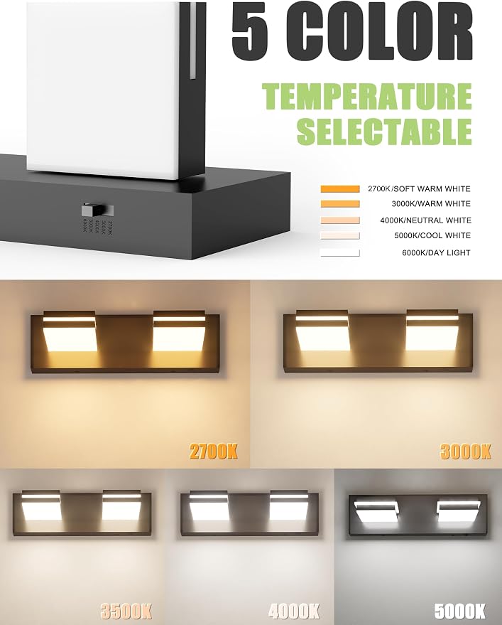 VOLISUN Modern Bathroom Vanity Light Fixtures (2-Light, 15.5-Inch), 5CCT Dimmable Bathroom Lighting Fixtures Over Mirror, 360°Rotatable Head, Black LED Vanity Lights for Bathroom-ETL Certificated