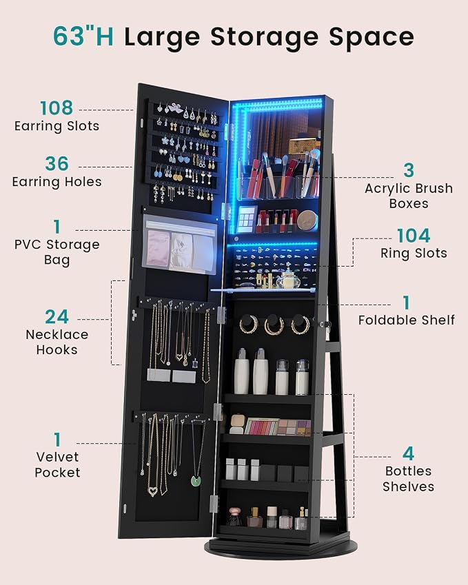 Vlsrka 360° Swivel Mirror Jewelry Cabinet, Lockable Jewelry Armoire, Black | Standing Jewelry Cabinet with Lights, Framelss Mirror with Storage, Foldable Makeup Shelf, Interior Mirror, Gift for Women