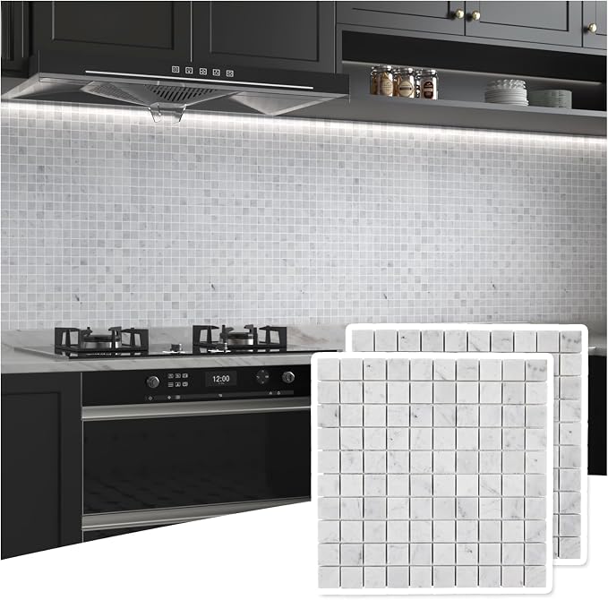 Carrara Marble Mosaic Tile for Kitchen Bathroom Floor 1 Inch Square 5 Pcs | Water & Heat Resistant Honed Marble Backsplash Tiles for Wall Fireplace Surround Durable Unique Veins 3.9SQFT