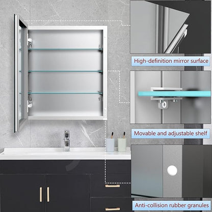 24x24 inch Medicine Cabinet Mirror with Storage, Aluminum Surface Mount or Recessed Medicine Cabinet with Adjustable Shelves for Bathroom Bedroom