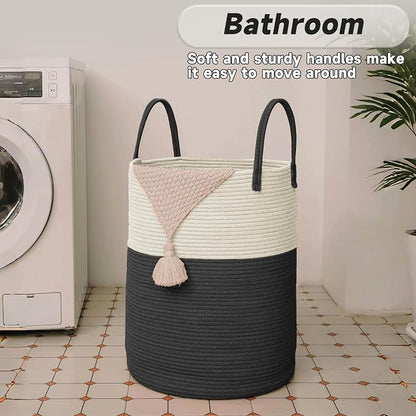 JMvicyroam 80L Cotton Rope Laundry Basket Hamper, White and Black | Collapsible laundry basket, reinforced handles, freestanding, machine washable, holds 3-5 thick blankets, clothes or toys
