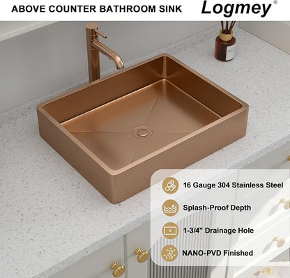 Logmey 19" Shallow Bathroom Vessel Sink 19x15 Rose Gold 16 Gauge Stainless Steel Handmade Above Counter Bathroom Sinks Rectangle Vessel Sink with Pop-up Drain Set