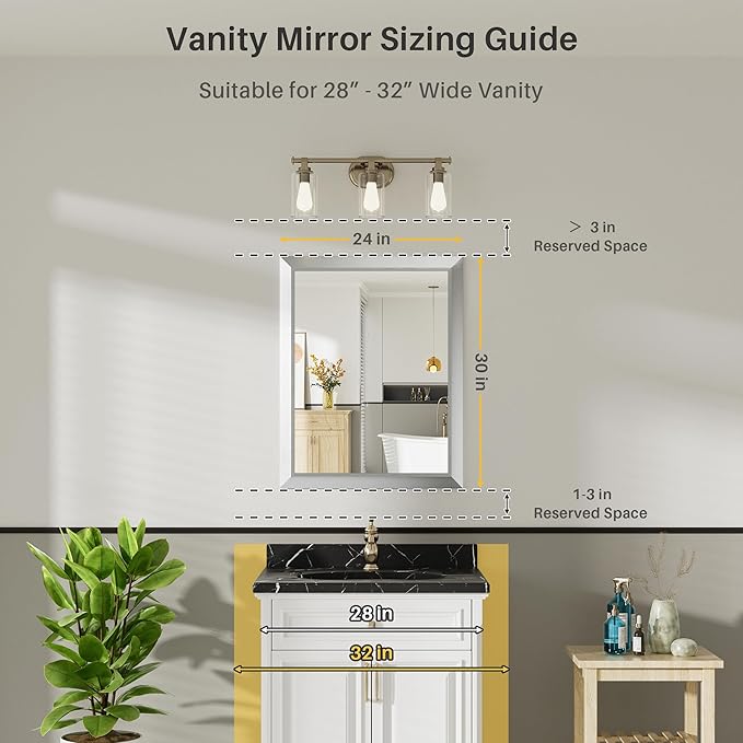 24x30 Inch Brushed Silver Bathroom Mirror for Wall, Thick Metal Framed Rectangle Mirrors for Over Sink, Bedroom, Living Room, Entryway, Anti-Rust, HD Tempered Glass