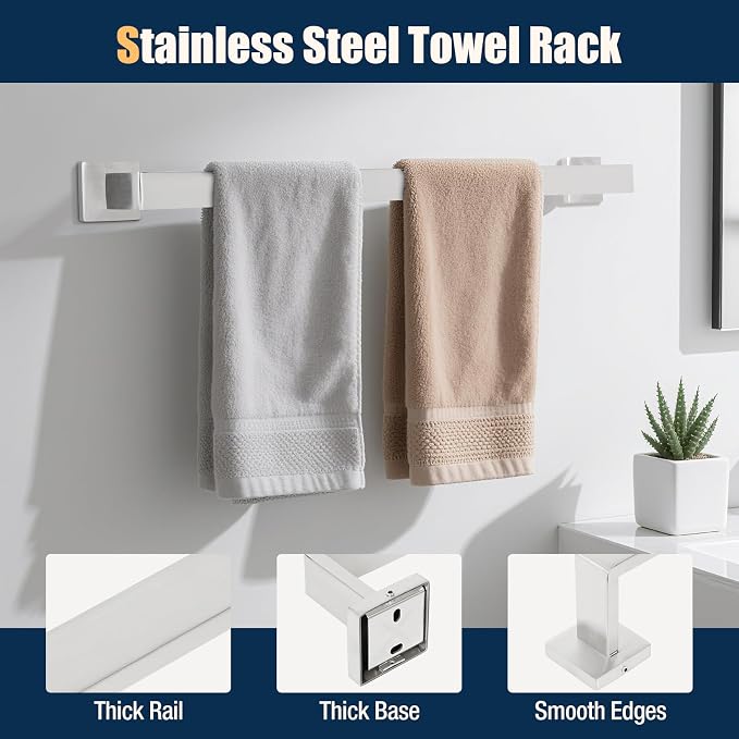 10 Pcs Silver Bathroom Hardware Accessories Set 23.6 Inch Wall Mounted | Bath Towel Bar Kit with Square Towel Racks Ring and Towel Hooks, Paper Holder, 304 Stainless Steel