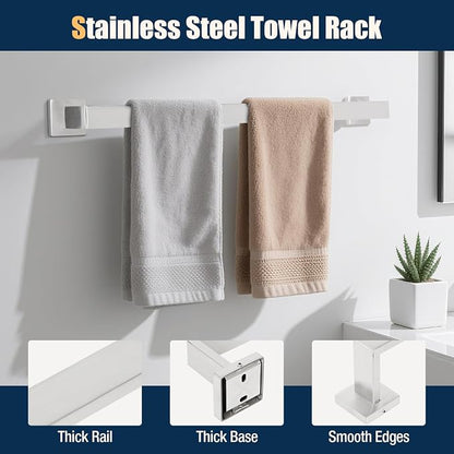 10 Pcs Silver Bathroom Hardware Accessories Set 23.6 Inch Wall Mounted | Bath Towel Bar Kit with Square Towel Racks Ring and Towel Hooks, Paper Holder, 304 Stainless Steel