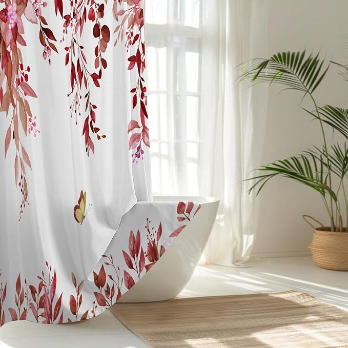 No Hook Shower Curtain and Liner Set, Red Eucalyptus 71x74 | Floral Design, with Snap in Liner, Waterproof, Machine Washable, Quick-Drying, for Hotel Bathroom