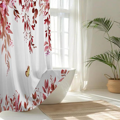 No Hook Shower Curtain and Liner Set, Red Eucalyptus 71x77 | Floral Design, with Snap in Liner, See-Through Top Window, Waterproof, Machine Washable, Quick-Drying, for Hotel Bathroom