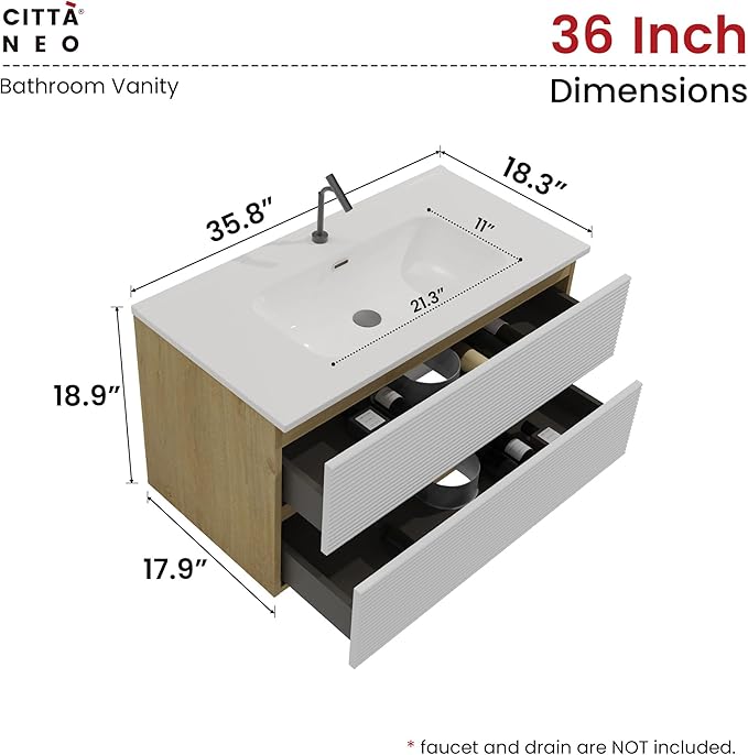 36'' Floating Bathroom Vanity with Sink Combo, Modern Bathroom Cabinet with 2-Soft Close & Large Storage Drawers, for Bath, Apartment, Hotel, White and Natural (Already Assembled)