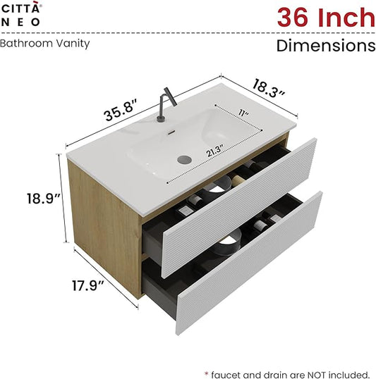 36'' Floating Bathroom Vanity with Sink Combo, Modern Bathroom Cabinet with 2-Soft Close & Large Storage Drawers, for Bath, Apartment, Hotel, White and Natural (Already Assembled)