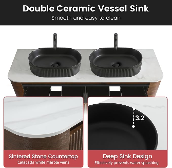 60" Floating Bathroom Vanity with Double Black Sink, Walnut | Pre-Assembled Fluted Wall Mounted Double Sink Vanity with Sintered Stone Countertop, Soft-Close Drawers & Towel Rack