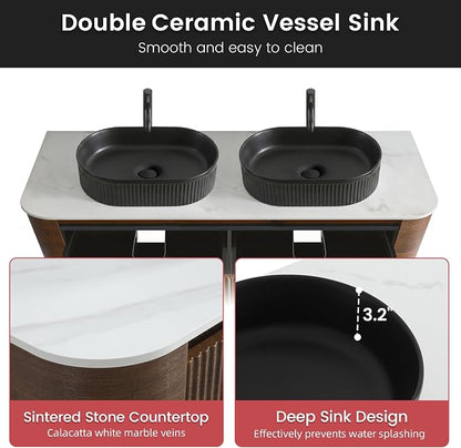 60" Floating Bathroom Vanity with Double Black Sink, Walnut | Pre-Assembled Fluted Wall Mounted Double Sink Vanity with Sintered Stone Countertop, Soft-Close Drawers & Towel Rack