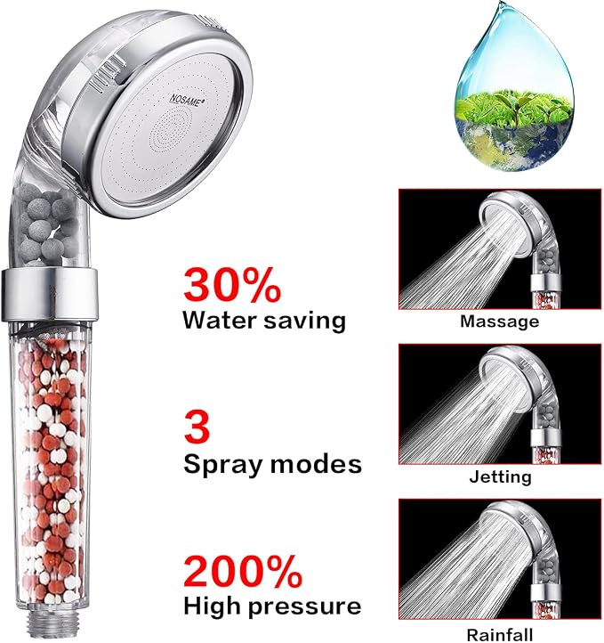 NOSAME Shower Head, Filter Filtration High Pressure Water Saving 3 Mode Function Spray Handheld Showerheads for Dry Skin & Hair