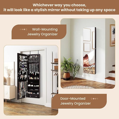 NAFORT 2 LEDs Mirror Jewelry Cabinet, 47.5-Inch Tall Wall or Door Mounted Jewelry Organizers and Storage with Frameless Full-length Mirror, Lockable Jewelry Armoire with 2 Drawers, Espresso