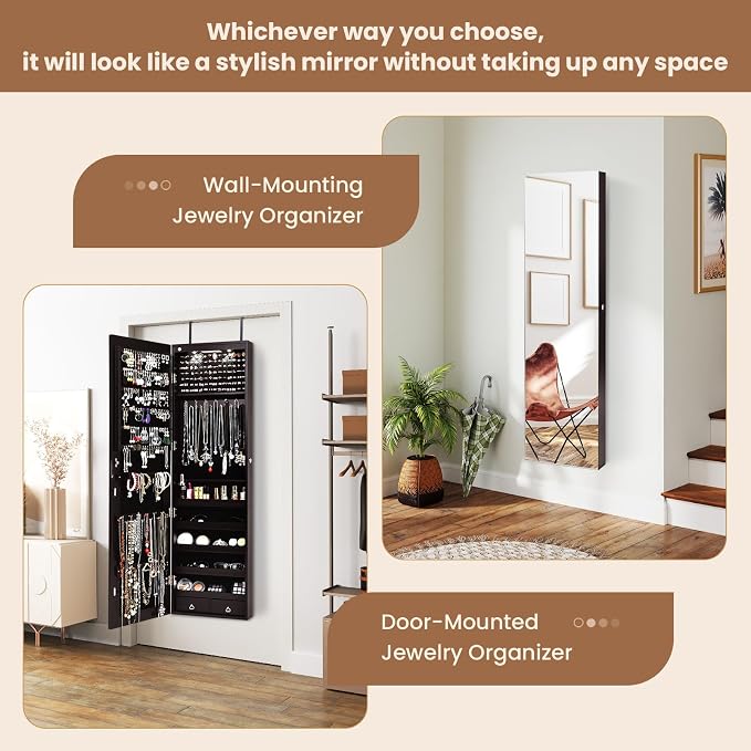 LDAILY Jewelry Armoire Wall or Door Mounted, Full-Length Mirror with Storage, Lockable Mirror Jewelry Cabinet w/ 2 Drawers, LED Lights, Over the Door Jewelry Organizer Box for Women Girls