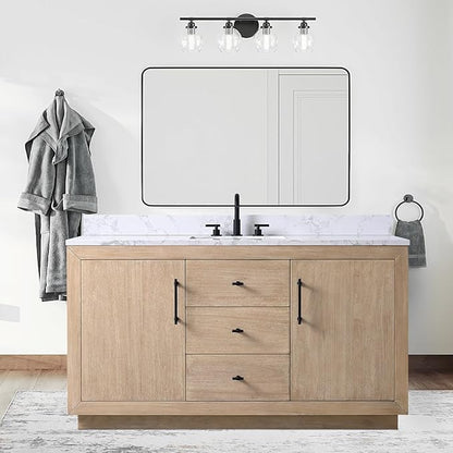Vanity Art 60" Bathroom Vanity with Sink, Vanity Cabinet with Doors and Shelf, Modern Wood Bathroom Vanity with White Marble Top, Solid Wood Frame, 3 Functioning Drawers,VA70-60-SLW-E