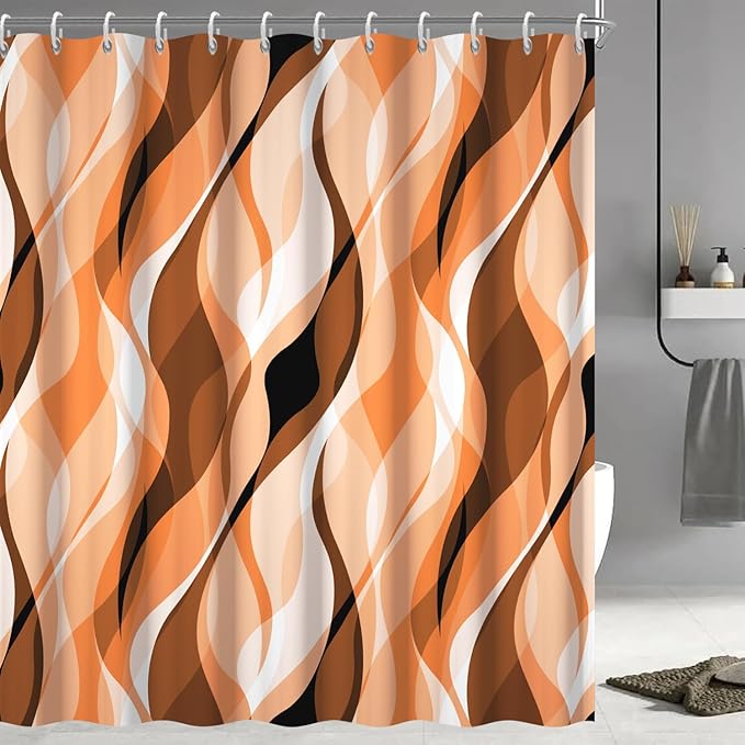 Orange Shower Curtain, Modern Abstract Burnt Orange Striped Shower Curtain Set for Bathroom Waterproof Polyester Shower Curtain with Hooks, 72x72 Inch