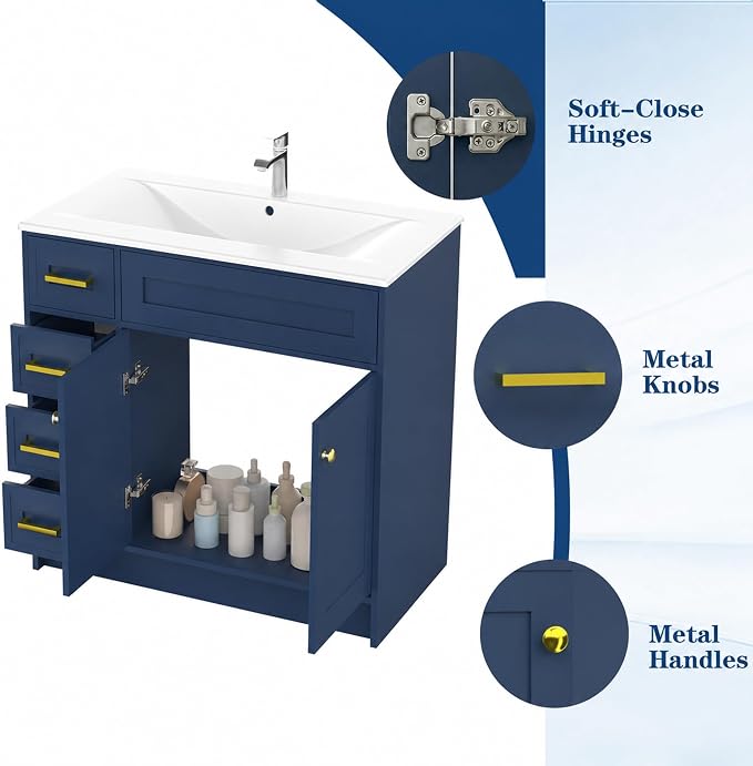 Blue Bathroom Vanity with Sink 36inch | 2 Doors and 4 Drawers | Wood Storage Basin Cabinet with Ceramic Basin for Home and Office