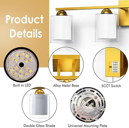 Quntis Gold Bathroom Light Fixtures, 4 Light Modern Vanity Lights Over Mirror, 5 Colors & Stepless Dimmable LED Bathroom Lighting with Milk White Frosted Glass, 27 Inch (Bulbs Included)