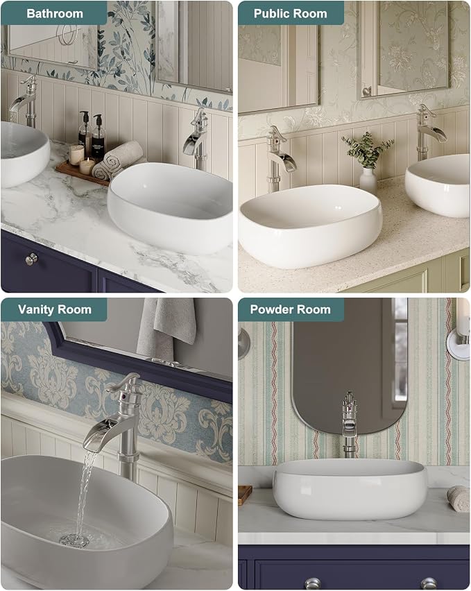 BWE Vessel Sink Faucet Waterfall Tall Brushed Nickel Bathroom Faucet | Single Handle 1 Hole Brass Countertop Lavatory Vanity Mixer Tap with Pop Up Drain and Supply Lines for RV Bar No Overflow