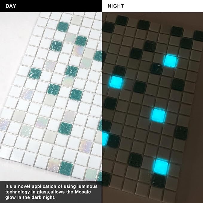 11.5 sq.ft Noctilucent Glass Mosaic Tile for Pool, Bathroom, Outdoors | Waterproof Wall & Floor Tile. Heat & frost resistant Kitchen. Mesh-mounted easy install. Use any grout. Easy clean. 10pcs.