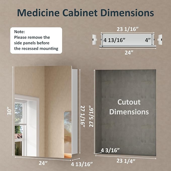 24x30 Inch Medicine Cabinet with Mirror, Recessed or Surface Mounted Bathroom Cabinets for Storage, 2 Fully Adjustable Tempered Glass Shelves, Soft-close DTC Hinges, HD Reflection Mirror Door, White