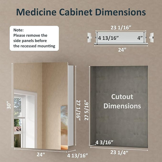 24x30 Inch Medicine Cabinet with Mirror, Recessed or Surface Mounted Bathroom Cabinets for Storage, 2 Fully Adjustable Tempered Glass Shelves, Soft-close DTC Hinges, HD Reflection Mirror Door, White