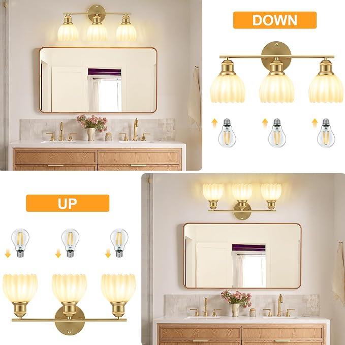 Bathroom Light Fixtures, 3-Light Brushed Gold Vanity Lights for Bathroom with White Tulip Glass Shade, 20" Vintage Bathroom Vanity Lighting Fixtures Over Mirror for Bedroom Living Room Hallway
