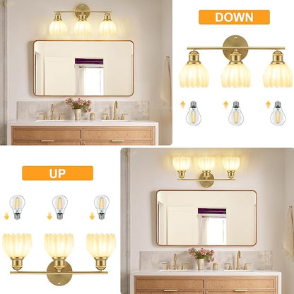 Bathroom Light Fixtures, 3-Light Brushed Gold Vanity Lights for Bathroom with White Tulip Glass Shade, 20" Vintage Bathroom Vanity Lighting Fixtures Over Mirror for Bedroom Living Room Hallway