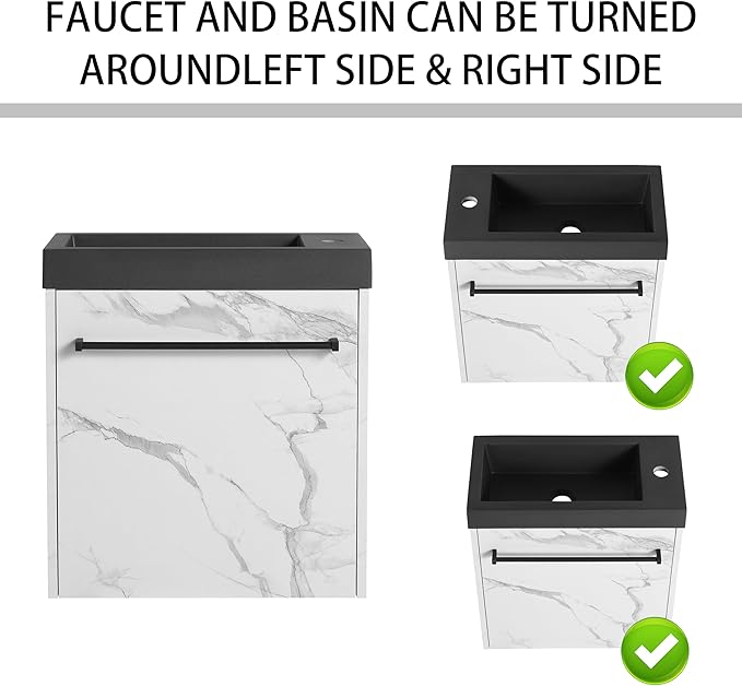 20'' Wall Mount Bathroom Vanity, 20 Inch Floating Single Sink Bathroom Combo, with Black Resin Sink and Soft Closing Cabinet Door and Open Storage Shelf, Carrara White