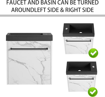 20" Small Bathroom Vanity with Black Sink Floating Bathroom Vanity Cabinet with Storage Wall Mounted Narrow Vanities Bathroom Vanity with White Marble Grain Flat Door for Home Bath