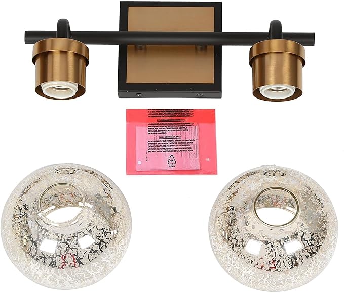 KSANA Black Gold Vanity Light, Modern Bathroom Light Fixture with Mercury Glass Shade, Brass 2-Light Globe Wall Sconce Over Mirror