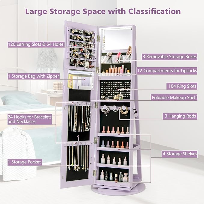 CHARMAID 360° Swivel Jewelry Armoire with Full Length Mirror, Rear Storage Shelves, Lockable Standing Jewelry Cabinet Organizer with Interior Vanity Mirror and 3-Color Lights (Lavender)