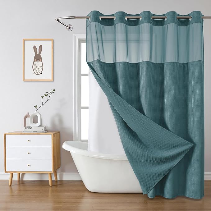 No Hook Waffle Shower Curtain with Snap-in Liner, 71x74 Inch, Seaweed Green | 230 GSM waffle weave fabric, waterproof liner set with 2 bottom magnets, mesh top window, washable, for bathroom or hotel use