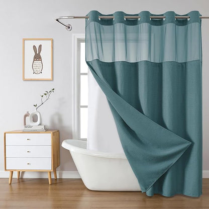 No Hook Long Waffle Shower Curtain, Snap-In Liner, 71x86 in, Seaweed Green | 230 GSM waffle weave fabric, waterproof liner set with 2 bottom magnets, mesh top window, washable, for bathroom or hotel use