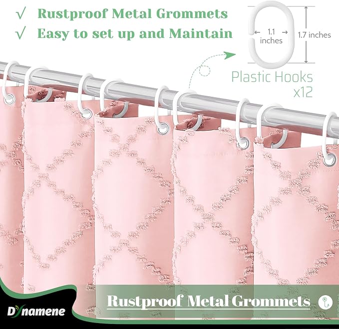 Extra Long Boho Fabric Shower Curtain Tufted Geometric 72x84 Pink | 84 Inch Tall, Elegant Tassel, Lightweight Textured Fabric, Water Repellent, Washable, Hotel Spa, for Bathroom/Dorm 12 Hooks
