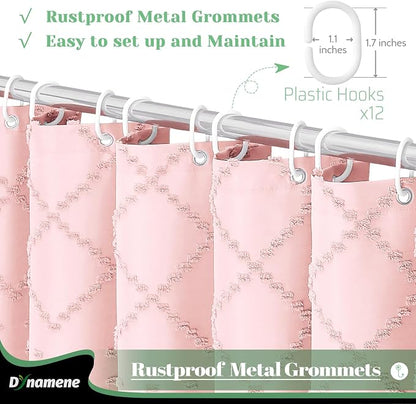 Extra Long Boho Fabric Shower Curtain Tufted Geometric 72x84 Pink | 84 Inch Tall, Elegant Tassel, Lightweight Textured Fabric, Water Repellent, Washable, Hotel Spa, for Bathroom/Dorm 12 Hooks